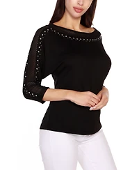 Belldini Women's Embellished Dolman with Mesh Inset Top
