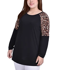 Plus Long Raglan Sleeve Tunic Top with Animal Print Insets