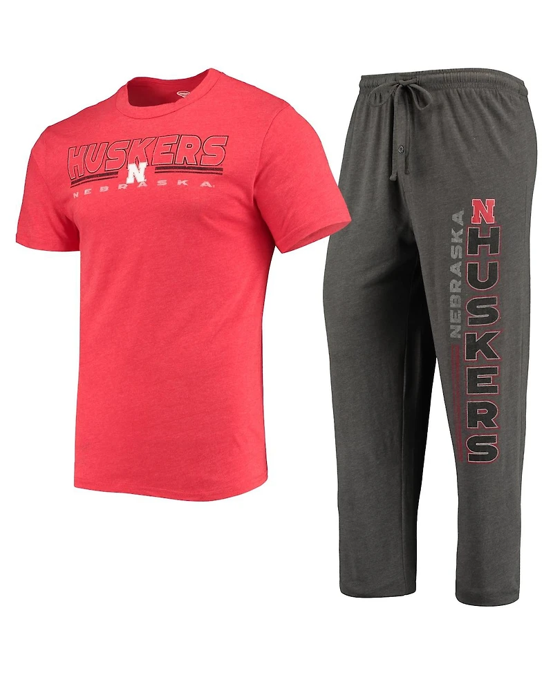 Men's Concepts Sport Heathered Charcoal, Scarlet Nebraska Huskers Meter T-shirt and Pants Sleep Set