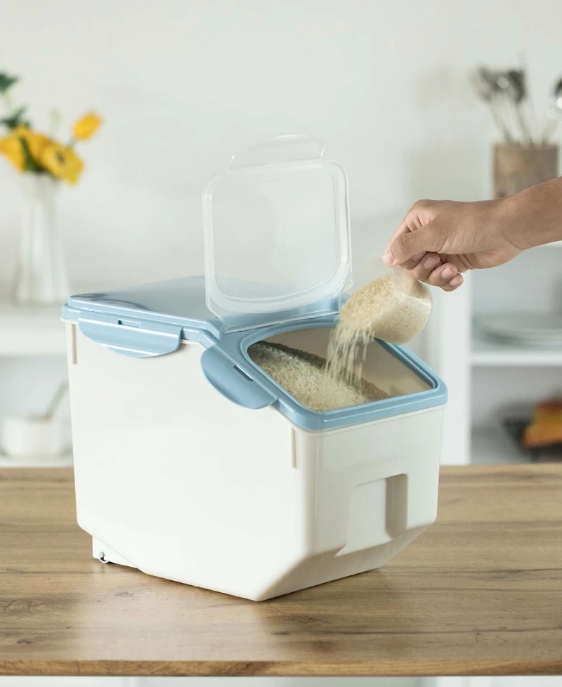 Plastic Storage Food Holder Containers with a Measuring Cup and Wheels