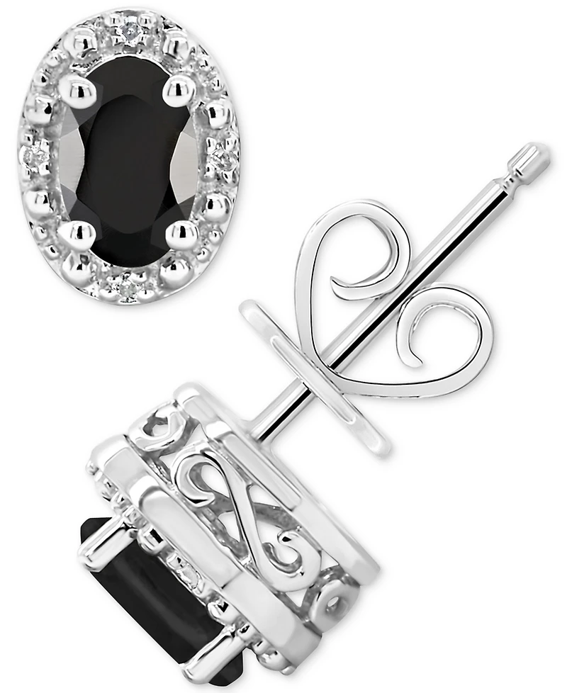 Onyx & Diamond Accent Oval Stud Earrings Sterling Silver (Also Labradorite Turquoise)