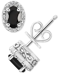 Onyx & Diamond Accent Oval Stud Earrings Sterling Silver (Also Labradorite Turquoise)