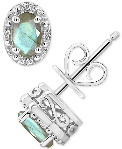 Onyx & Diamond Accent Oval Stud Earrings Sterling Silver (Also Labradorite Turquoise)