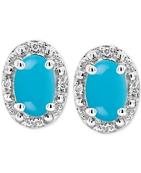 Onyx & Diamond Accent Oval Stud Earrings Sterling Silver (Also Labradorite Turquoise)