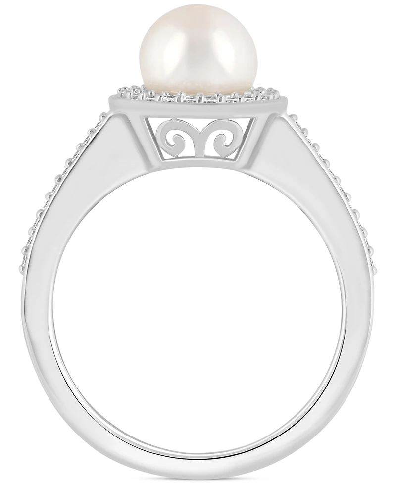 Cultured Freshwater Pearl & Diamond (1/5 ct. t.w.) Halo Ring Sterling Silver (Also Onyx, Labradorite Turquoise)