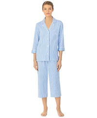 Lauren Ralph Womens 3/4 Sleeve Cotton Notch Collar Capri Pant Pajama Set