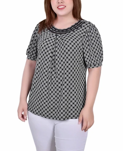 Plus Short Puff Sleeve Sheer Inset Top