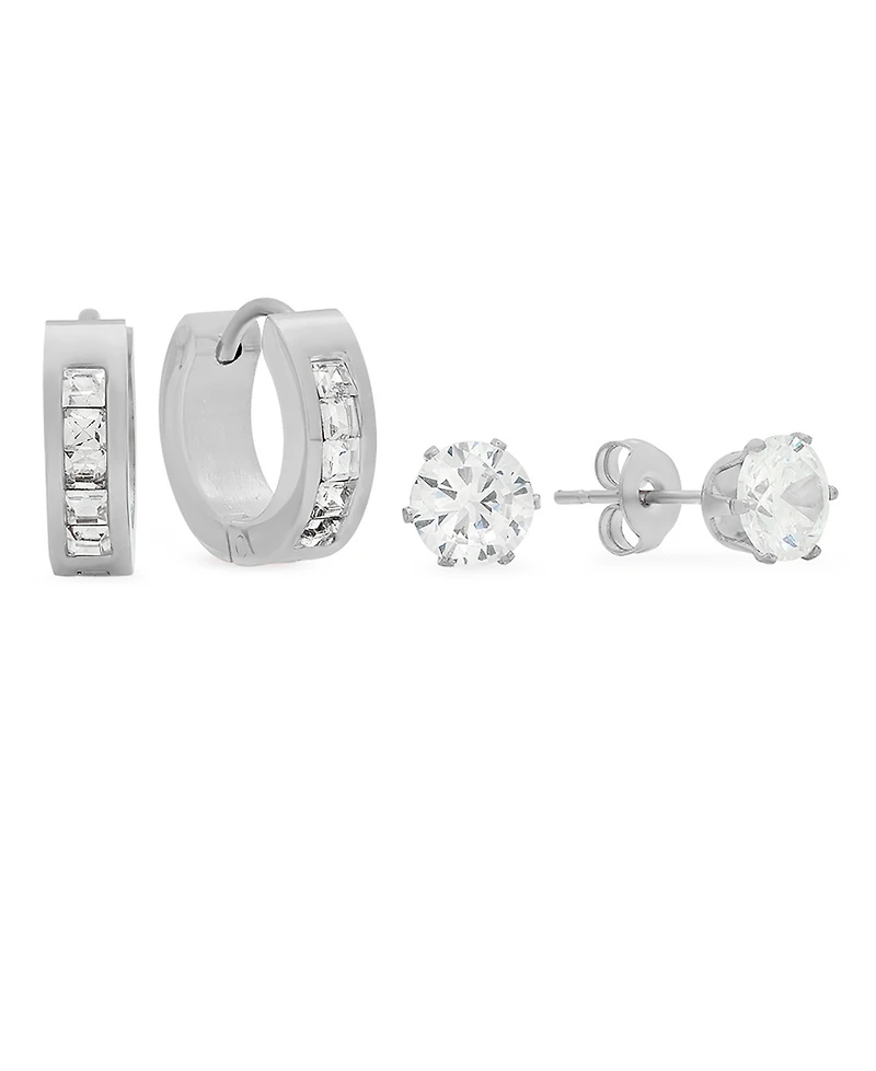 Steeltime Women's Stainless Steel 2 Pieces Simulated Diamond Stud and Simulated Diamond Huggie Earrings Set