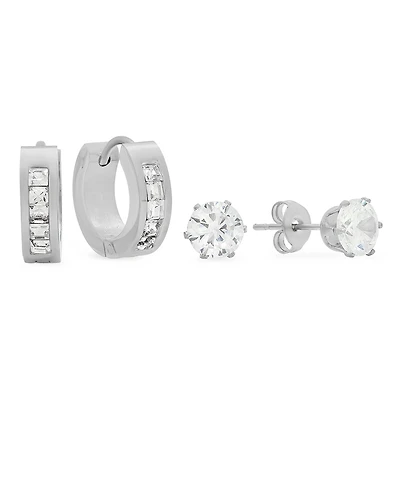 Steeltime Women's Stainless Steel 2 Pieces Simulated Diamond Stud and Simulated Diamond Huggie Earrings Set