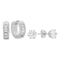 Steeltime Women's Stainless Steel 2 Pieces Simulated Diamond Stud and Simulated Diamond Huggie Earrings Set