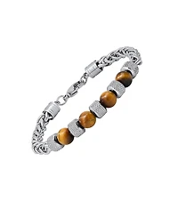 Steeltime Men's Stainless Steel Wheat Chain and Tiger Eye Beads Bracelet