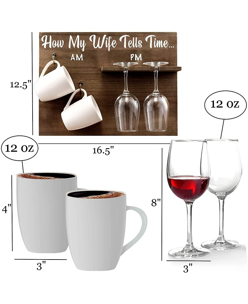 How My Wife Tells Time Wall Mounted Wine Rack with Glasses and Coffee Mugs