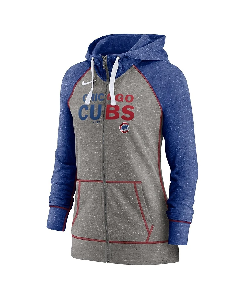 Women's Nike Heathered Charcoal and Heathered Royal Chicago Cubs Split Wordmark Gym Vintage-Like Raglan Slub Full-Zip Hoodie