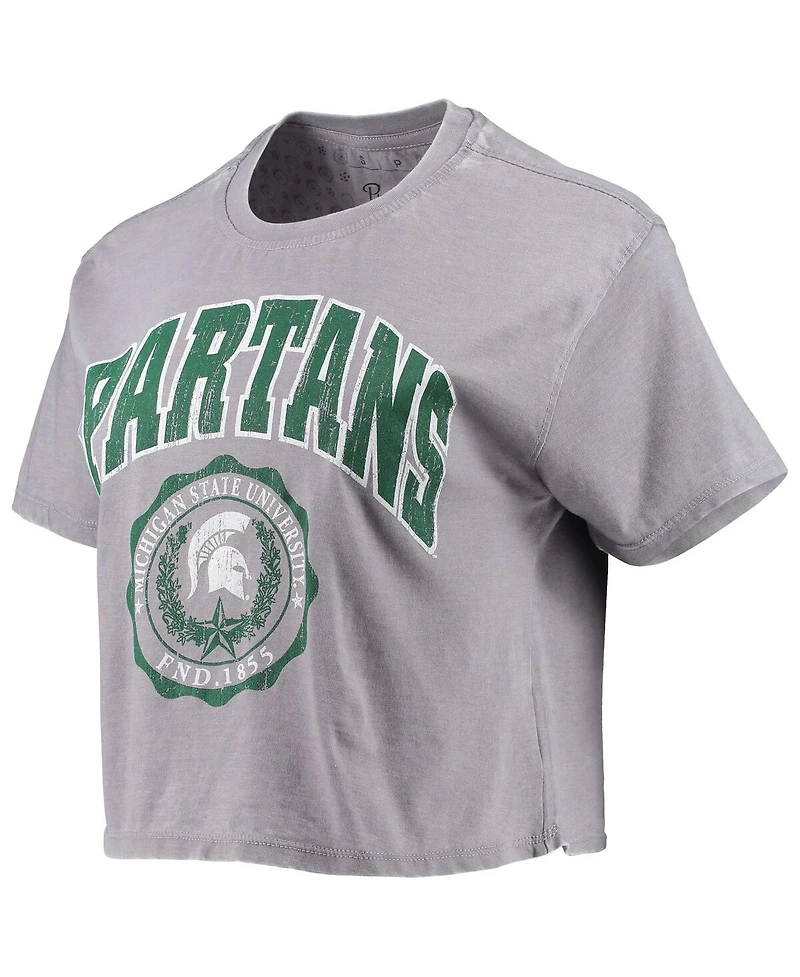 Women's Pressbox Heathered Gray Michigan State Spartans Edith Vintage-Like Burnout Crop T-shirt