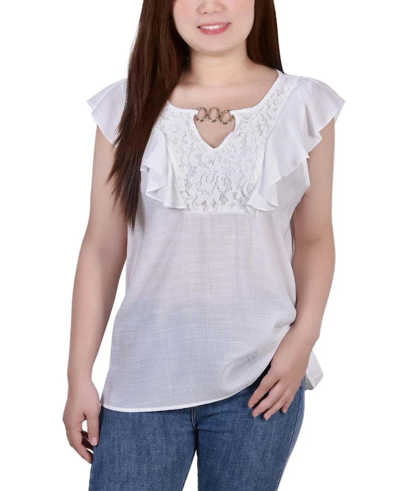 Petite Sleeveless Flutter Yoke Blouse