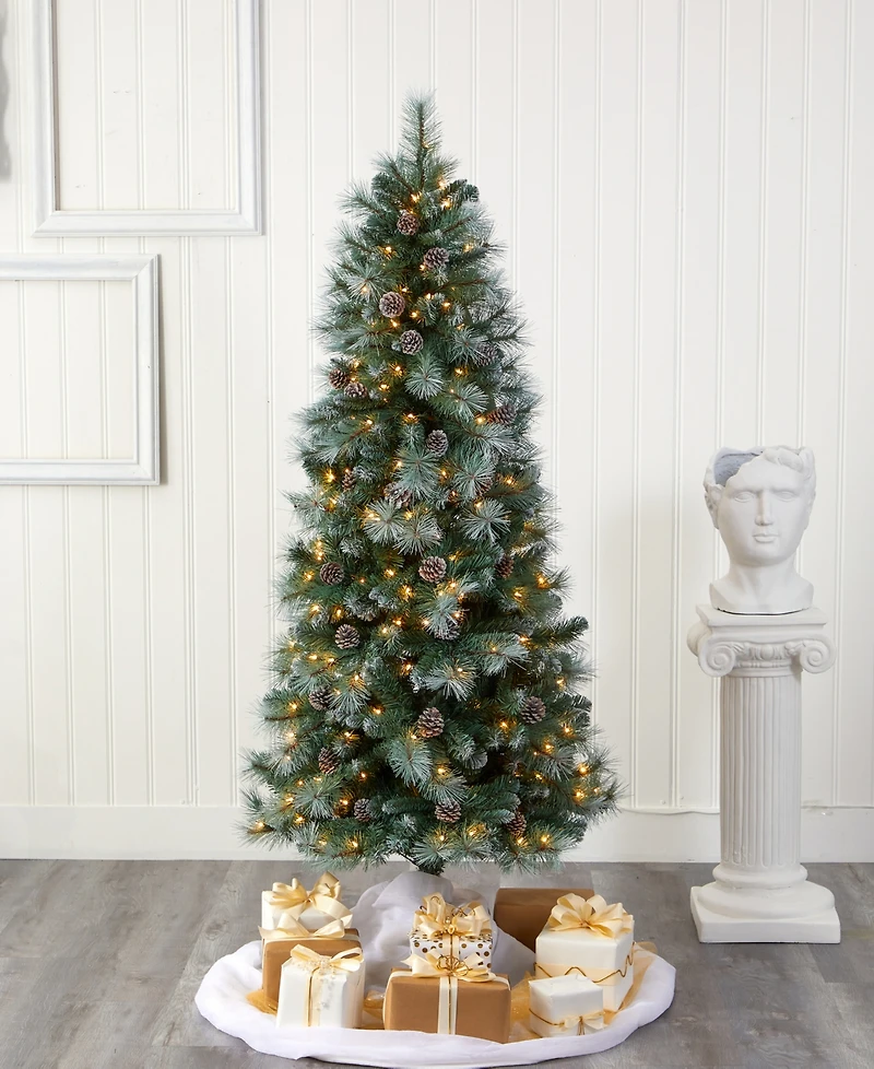 Frosted Tip British Columbia Mountain Pine Artificial Christmas Tree with Lights, Pine Cones Bendable Branches, 72"