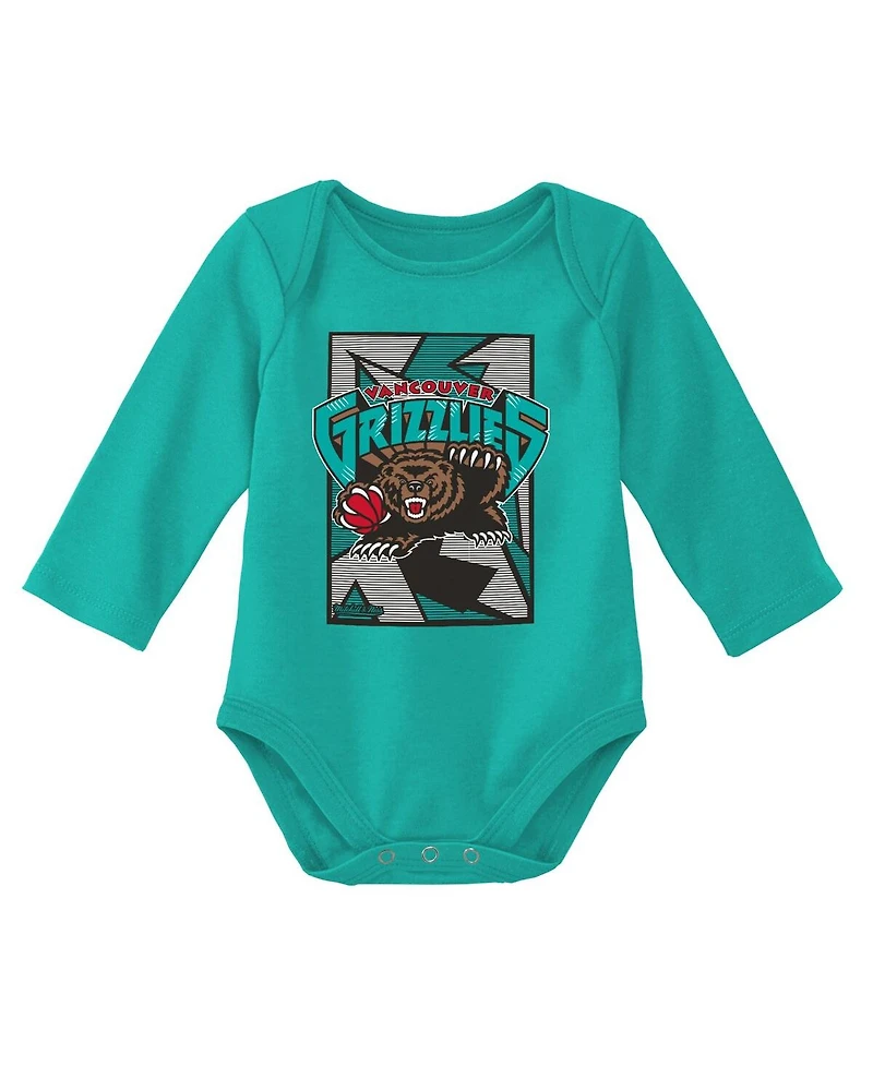 Infant Boys and Girls Mitchell & Ness Black, Turquoise Vancouver Grizzlies Hardwood Classics Bodysuits Cuffed Knit Hat Set