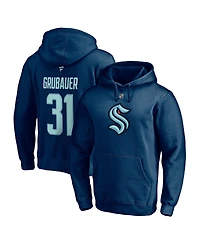 Men's Fanatics Philipp Grubauer Deep Sea Blue Seattle Kraken Authentic Stack Name and Number Pullover Hoodie