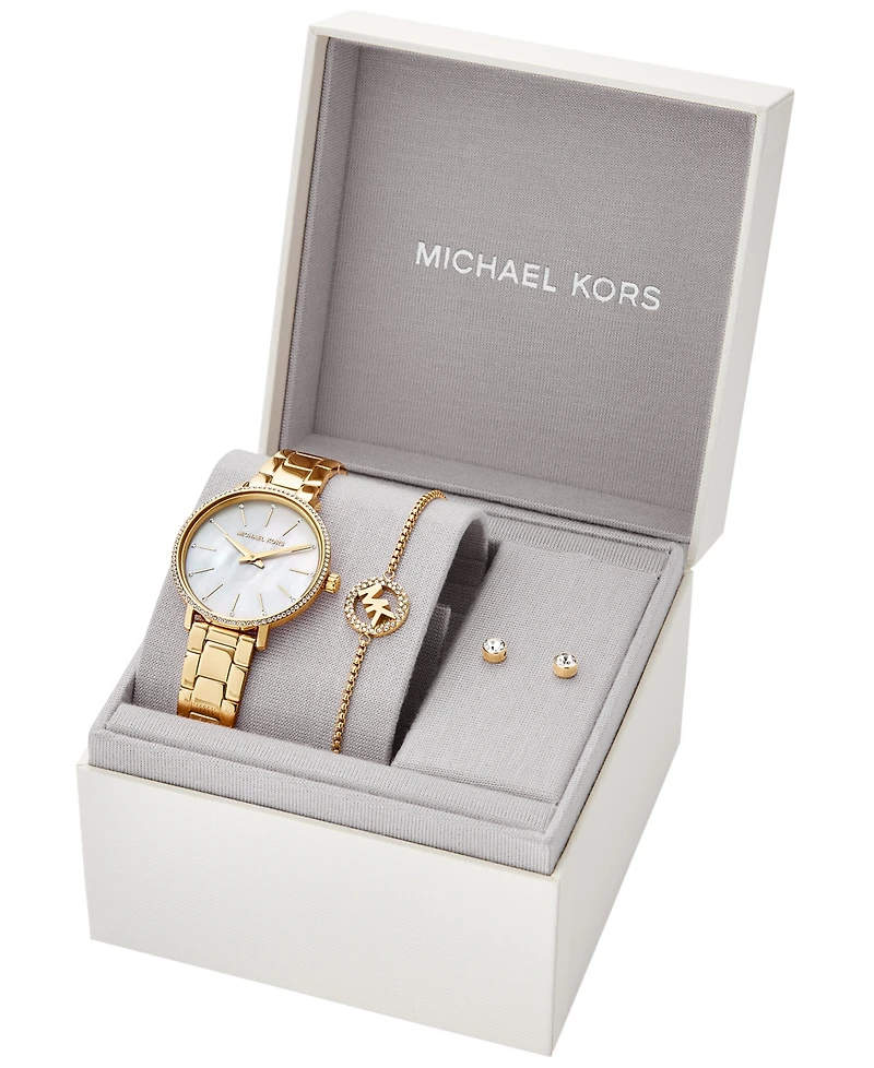Michael Kors Women's Pyper Two-Hand Gold-Tone Stainless Steel Bracelet Watch 32mm and Earrings Set, 3 Pieces