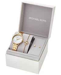 Michael Kors Women's Pyper Two-Hand Gold-Tone Stainless Steel Bracelet Watch 32mm and Earrings Set, 3 Pieces