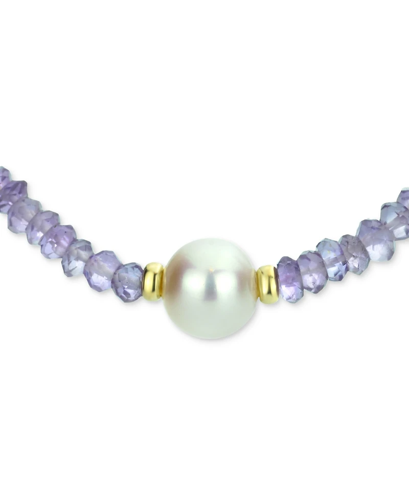 Gemstone and Cultured Pearl (9-10 mm) Strand Necklace 14k Yellow Gold (Available Ruby (80-1/2 ct. t.w), Sapphire t.w.), Emerald