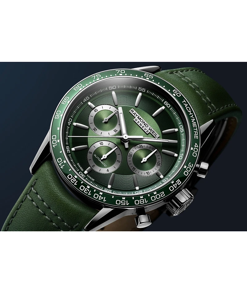 Raymond Weil Men's Swiss Automatic Chronograph Freelancer Green Leather Strap Watch 43.5mm