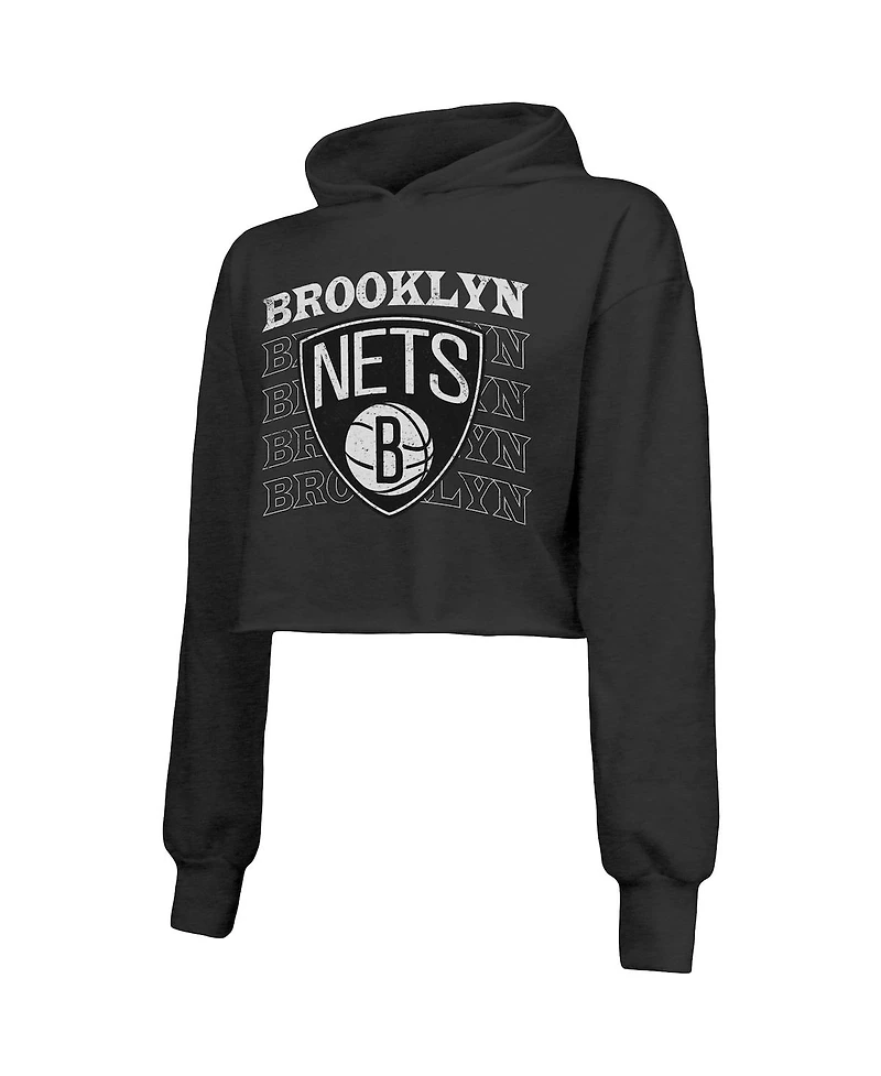 Women's Majestic Threads Black Brooklyn Nets Repeat Cropped Tri-Blend Pullover Hoodie
