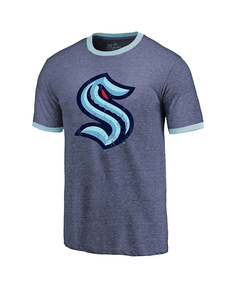 Men's Majestic Threads Heathered Deep Sea Blue Seattle Kraken Ringer Contrast Tri-Blend T-shirt