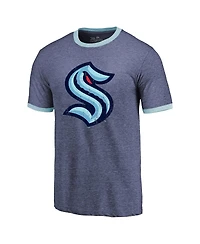 Men's Majestic Threads Heathered Deep Sea Blue Seattle Kraken Ringer Contrast Tri-Blend T-shirt