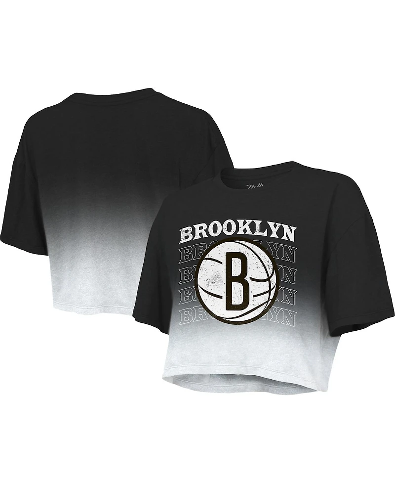 Women's Majestic Threads Black and White Brooklyn Nets Repeat Dip-Dye Cropped T-shirt