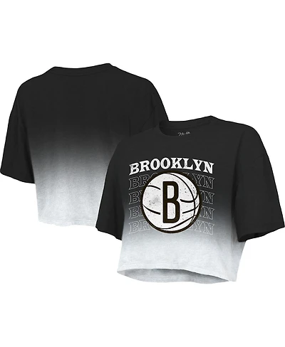 Women's Majestic Threads Black and White Brooklyn Nets Repeat Dip-Dye Cropped T-shirt