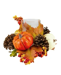 Pumpkin Berry and Pine Cone Fall Harvest Tea Light Candle Holder, 10"