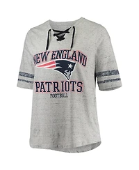 Women's Mac Jones Heathered Gray New England Patriots Plus Lace-Up V-Neck T-shirt