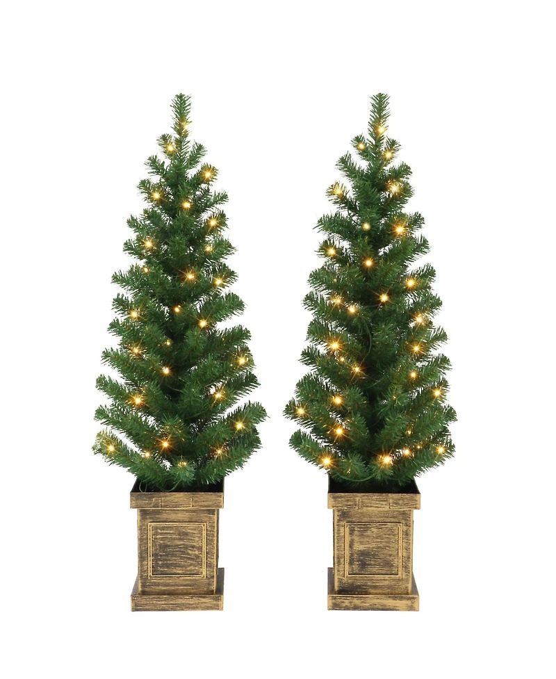 3.5' B/O Potted Pre-Lit Trees with 35 Warm White Led Lights, Plastic Pot and 90 Tips, Set of 2