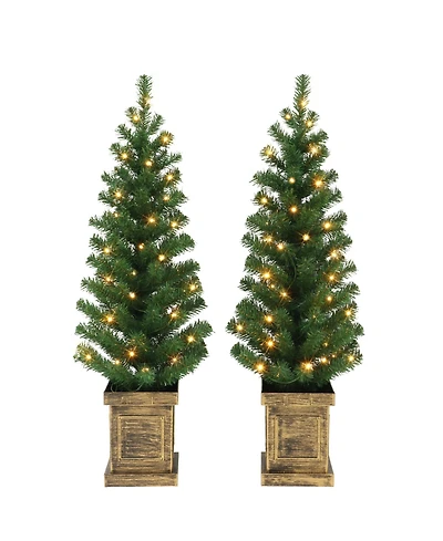 3.5' B/O Potted Pre-Lit Trees with 35 Warm White Led Lights, Plastic Pot and 90 Tips, Set of 2