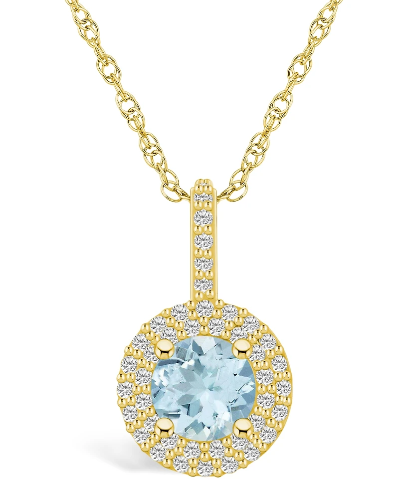 Macy's Aquamarine (1-1/ Ct. T.w.) and Diamond (3/8 Ct. T.w.) Halo Pendant Necklace in 14K Yellow Gold