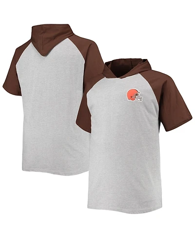 Men's Heathered Gray, Brown Cleveland Browns Big and Tall Raglan Short Sleeve Pullover Hoodie