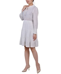 Ny Collection Petite Long Sleeve Tiered Dress with Ruffled Neck
