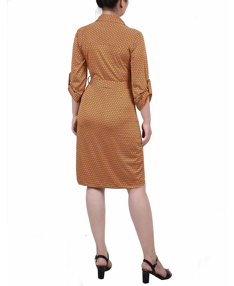 Ny Collection Petite Belted Roll Tab Zip Front Shirtdress
