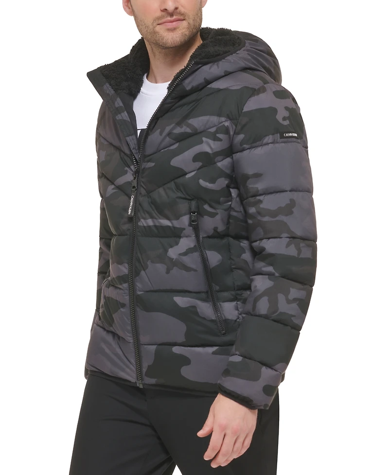Calvin Klein Men's Chevron Stretch Jacket With Sherpa Lined Hood