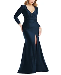 Cynthia & Sahar Women's Long Sleeve Draped Wrap Stretch Satin Mermaid Dress with Slight Train