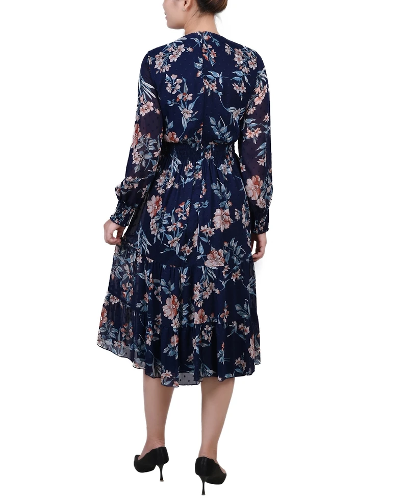 Women's Long Sleeve Clip Dot Chiffon Dress with Smocked Waist and Cuffs