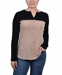 Women's Studded Color Blocked Split Neck Top