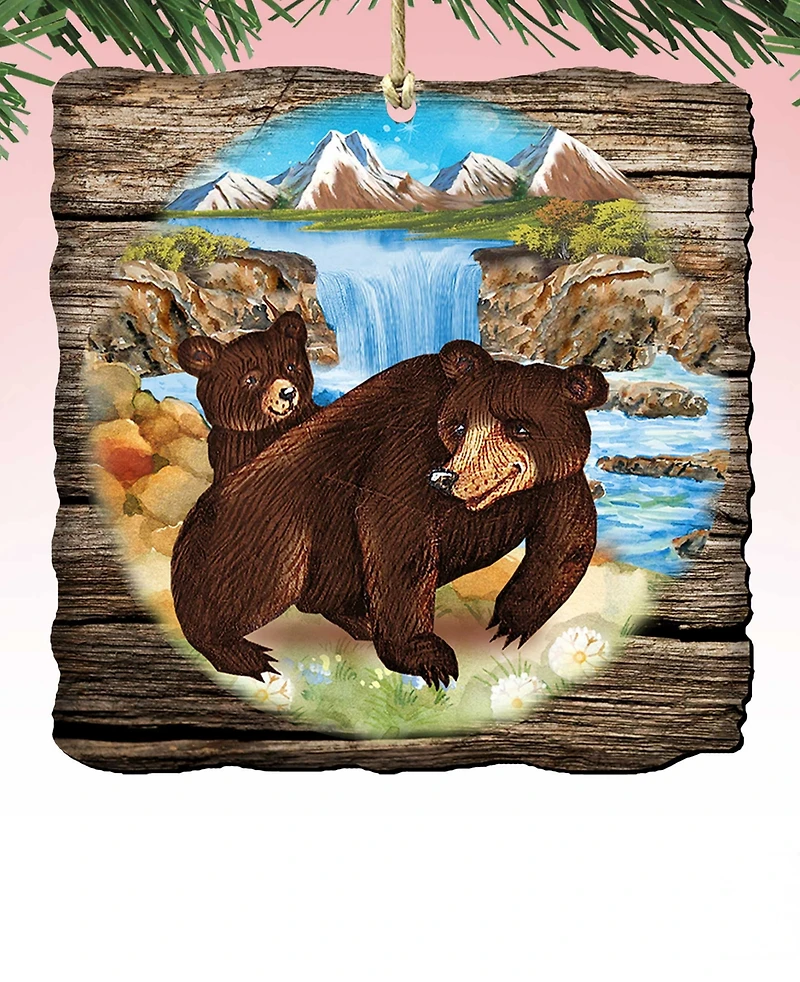 Designocracy Bear Cabin Wooden Christmas Ornament, Set of 2