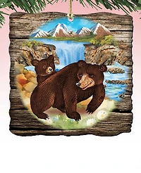 Designocracy Bear Cabin Wooden Christmas Ornament, Set of 2