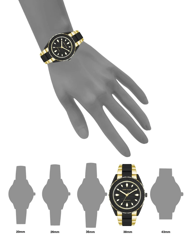 Anne Klein Women's Three-Hand Quartz Gold-Tone and Black Solar Oceanwork Plastic Bracelet Watch, 38.5mm