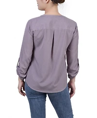 Petite 3/4 Sleeve Roll Tab Y Neck Blouse