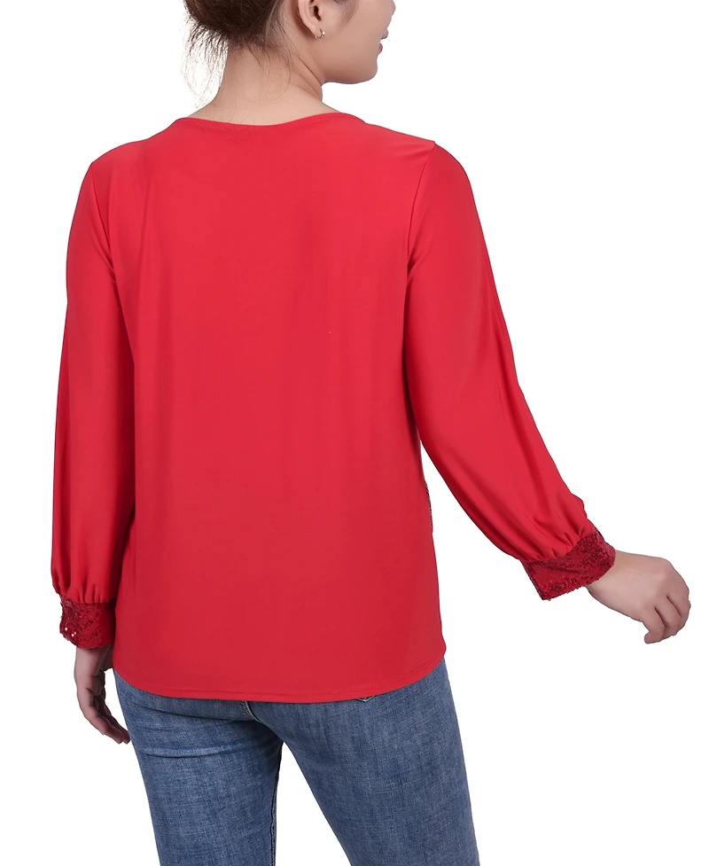 Ny Collection Petite Long Sleeve Knit Top with Sequin Hem