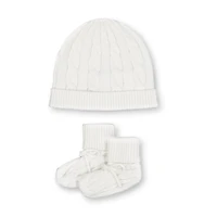 Hope & Henry Baby Girls Baby Organic Cotton Sweater Beanie and Bootie Set