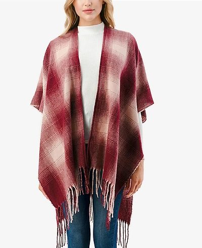 Marcus Adler Women's Plaid Open-Front Fringe-Trim Poncho